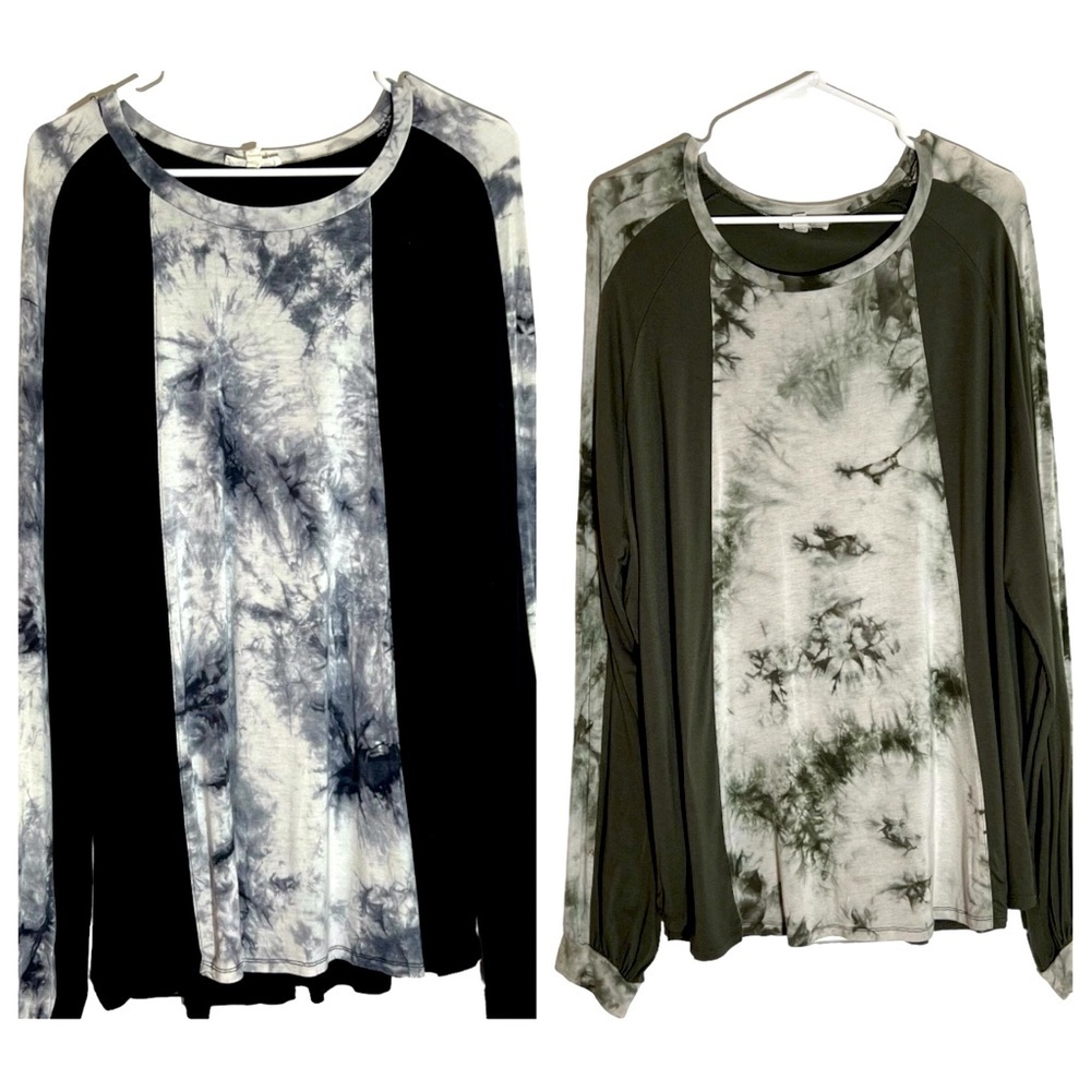 LORALETTE long sleeve tops tie dye print green black 4X